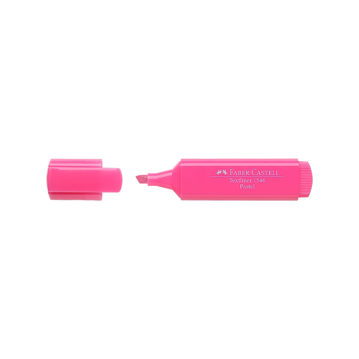 A pink highlighter from Faber-Castell, the cap is removed.