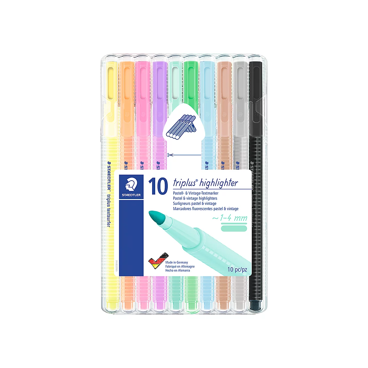 Package of 10 pastel highlighters. Individual pens with coloured caps and tips, enclosed in transparent plastic.