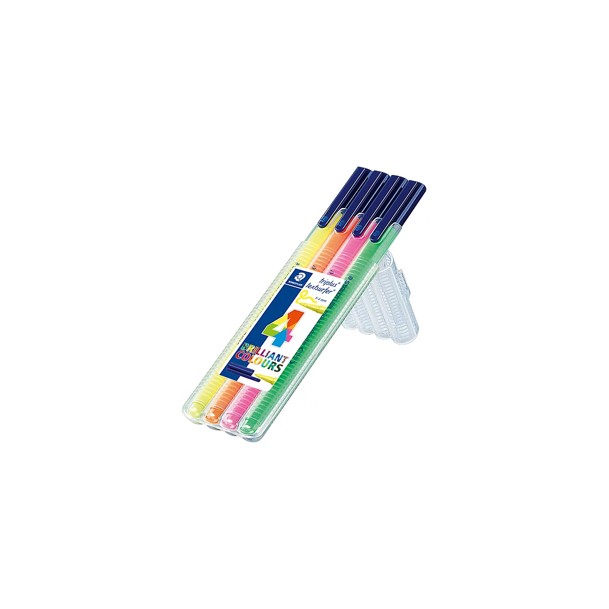Set of four neon colored highlighters in a transparent case. Blue caps, inscription "4 brilliant colours".
