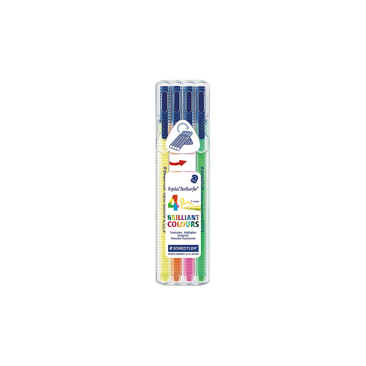Four highlighters in a transparent case. Inscription: Triplus textsurfer, Brilliant Colors. Different colors.
