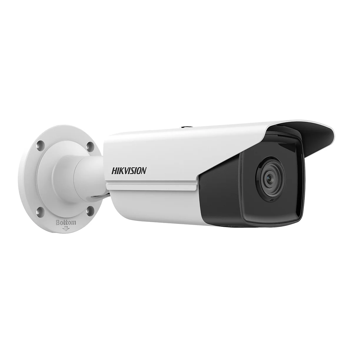 Weiße Hikvision Bullet-Überwachungskamera vor weißem Hintergrund mit sichtbarem Objektiv und Halterung.