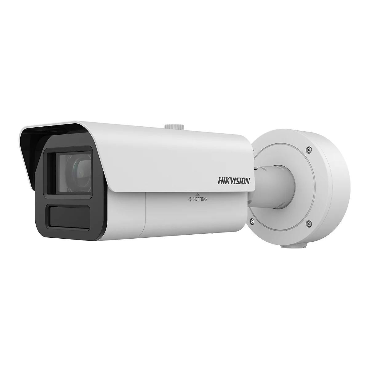 Weiße Hikvision Bullet-Überwachungskamera vor weißem Hintergrund.