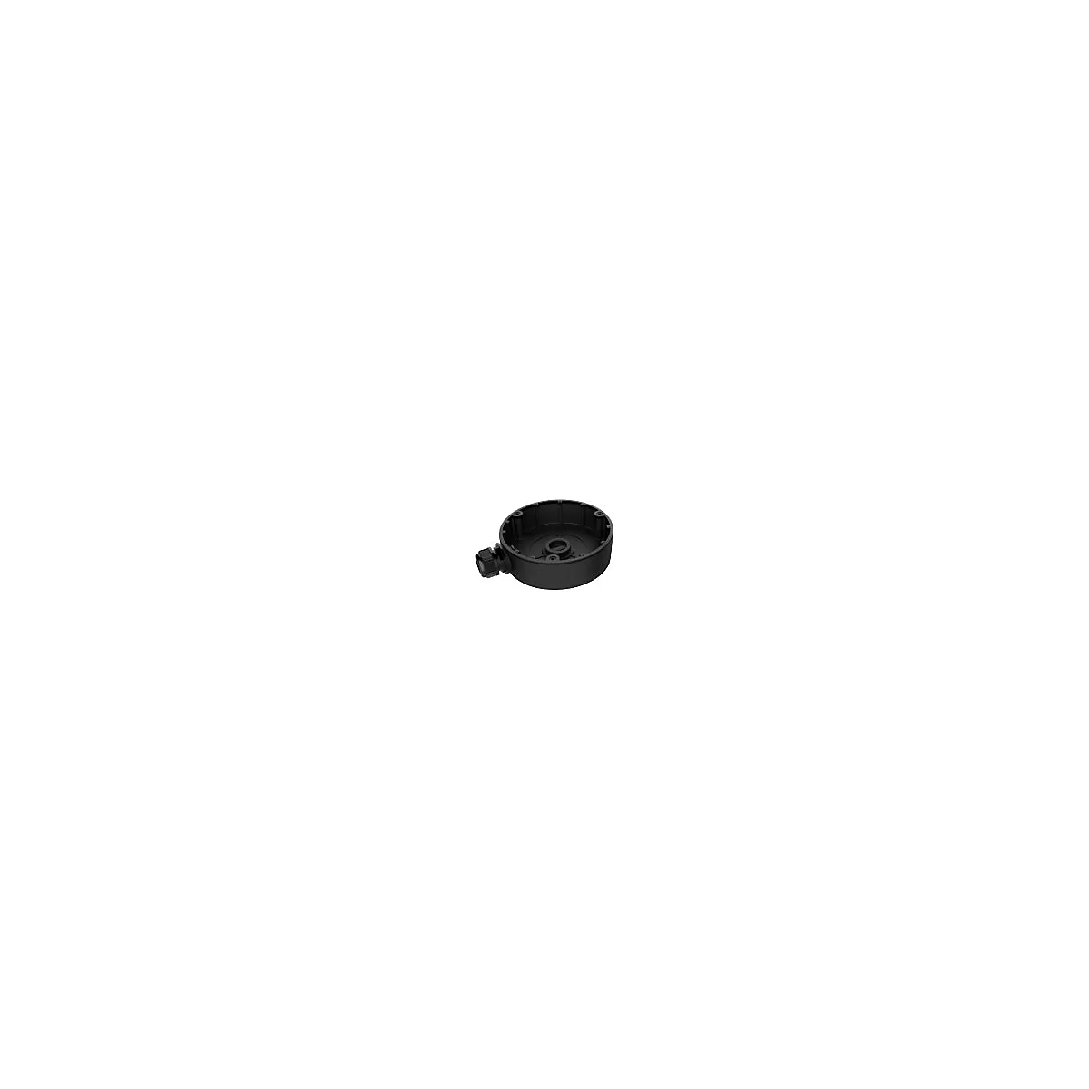 Runde, schwarze Anschlussdose aus Kunststoff mit seitlicher Kabelverschraubung auf weißem Hintergrund.