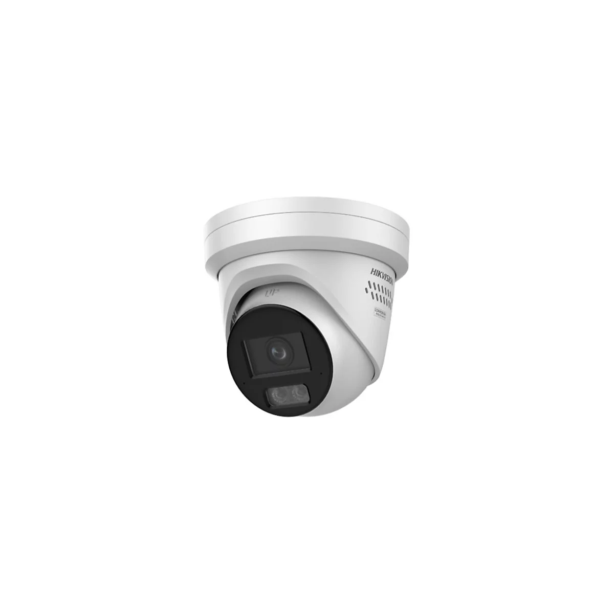 Weiße Hikvision Überwachungskamera im Kuppeldesign vor weißem Hintergrund.