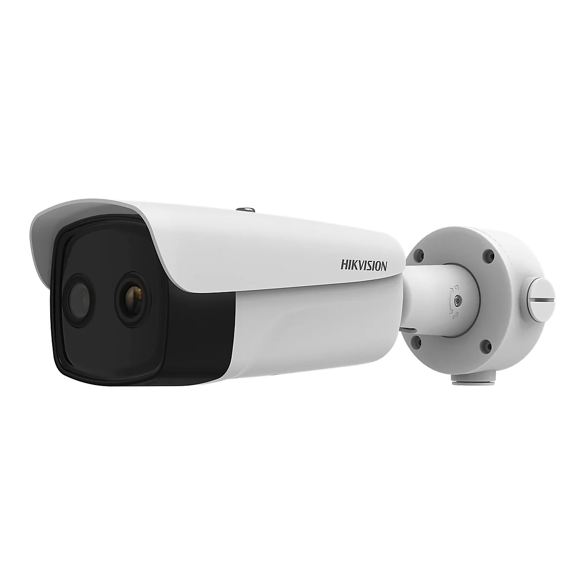 Weiße Hikvision Bullet-Überwachungskamera mit zwei Objektiven vor weißem Hintergrund.