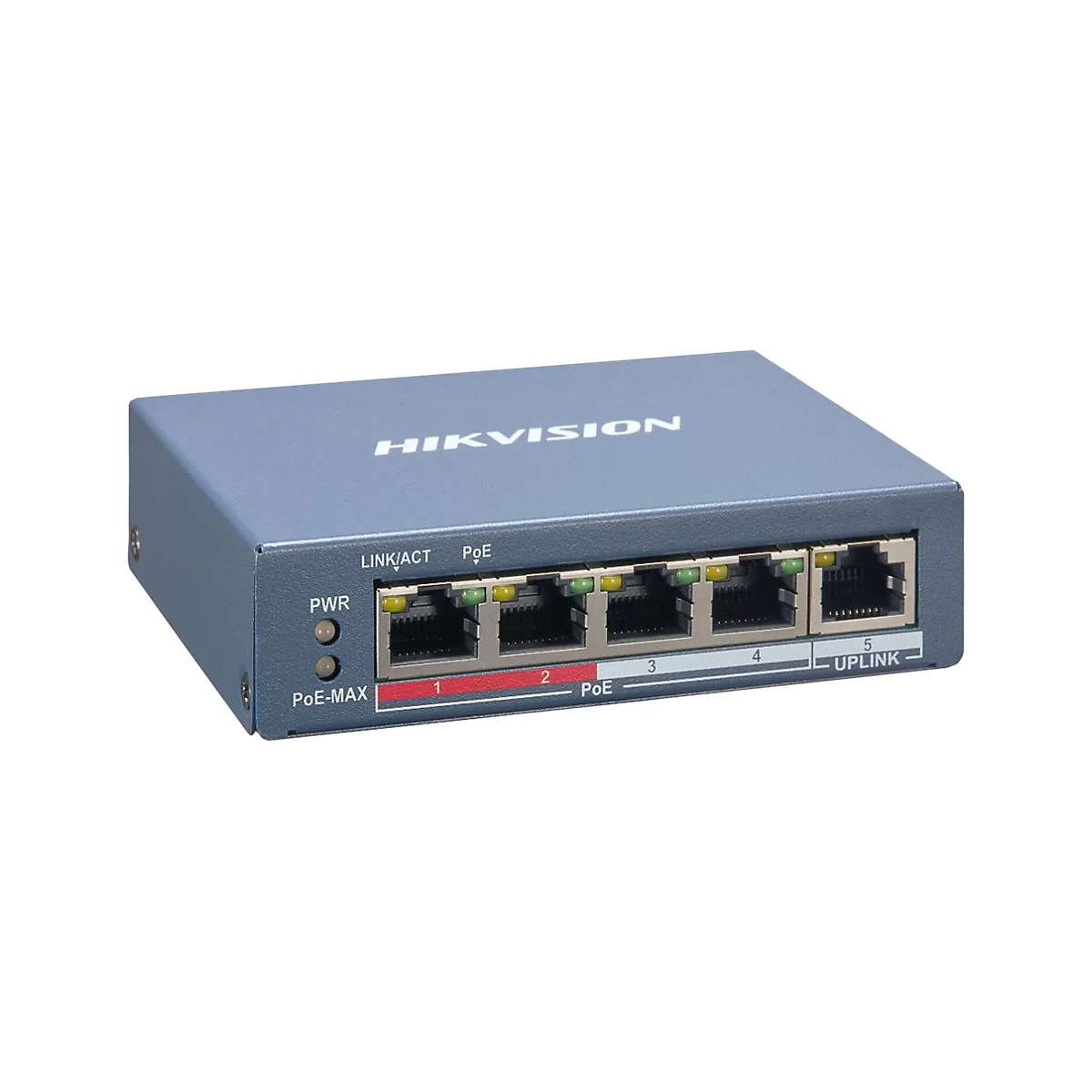 Blaugrauer Hikvision PoE-Netzwerk-Switch mit fünf Anschlüssen vor weißem Hintergrund.