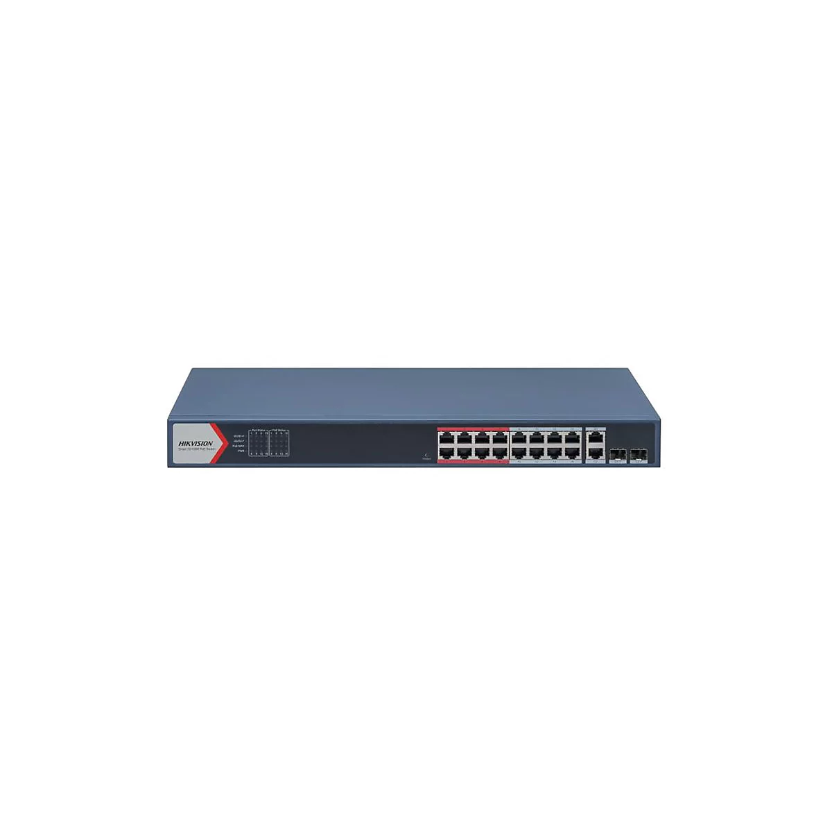 Hikvision Netzwerk-Switch in grauem Metallgehäuse mit mehreren Ethernet- und Glasfaseranschlüssen auf der Vorderseite.