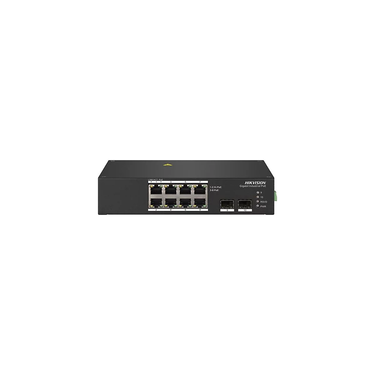 Schwarzer Hikvision Gigabit Industrial PoE Switch mit acht RJ45-Ports und zwei SFP-Anschlüssen vor weißem Hintergrund.