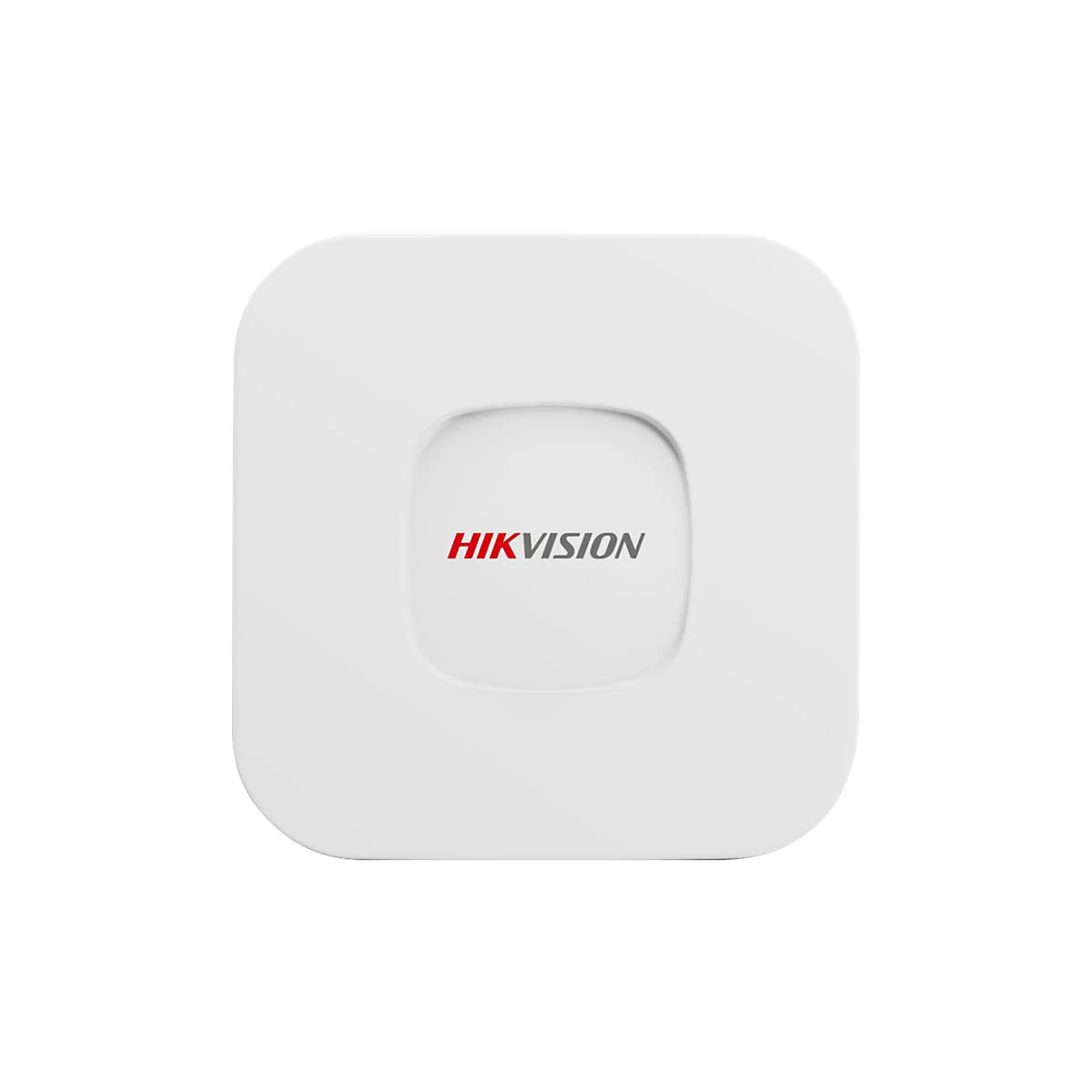Quadratisches, weißes Hikvision-Gerät mit abgerundeten Ecken und mittigem Firmenlogo auf weißem Hintergrund.