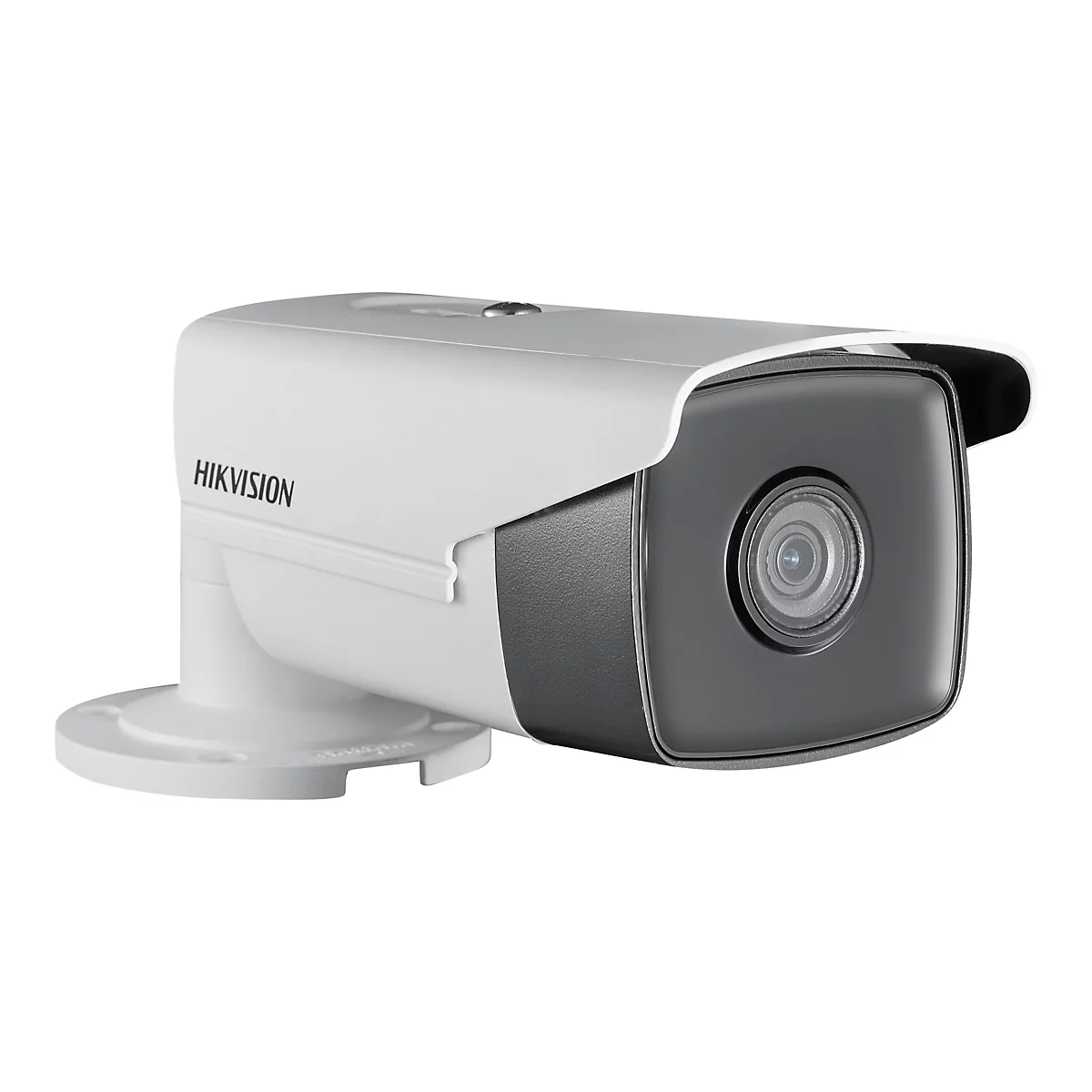 Weiße Hikvision Bullet-Überwachungskamera mit schwarzer Frontlinse und Montagehalterung auf weißem Hintergrund.