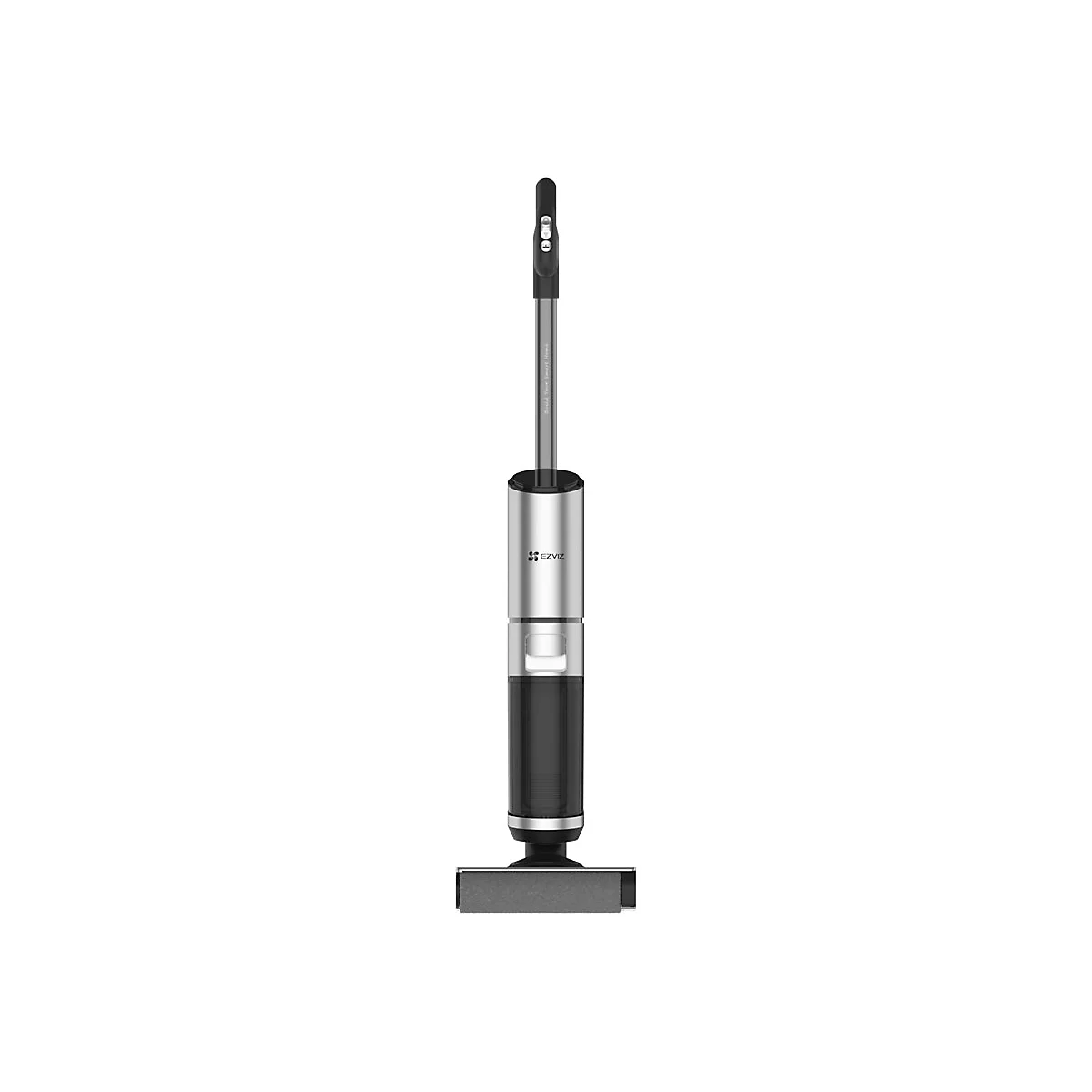 Akku-Staubsauger mit Stiel, silber-schwarz. Oben Bedienelemente, darunter Markenlogo 'ecovacs'.