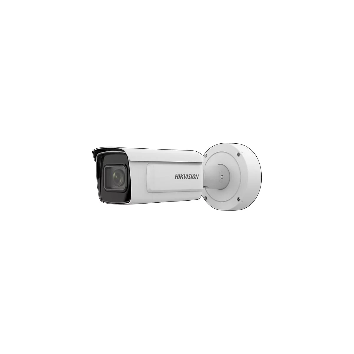 Weiße Hikvision Bullet-Überwachungskamera vor weißem Hintergrund.