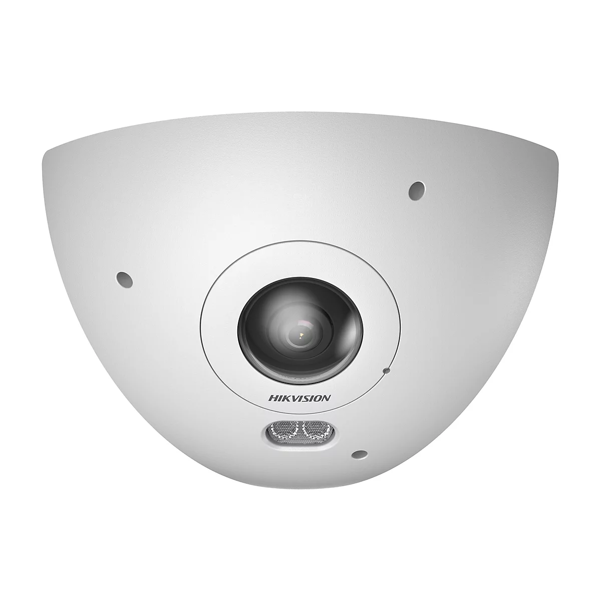 Weiße, kuppelförmige Hikvision Überwachungskamera vor weißem Hintergrund.