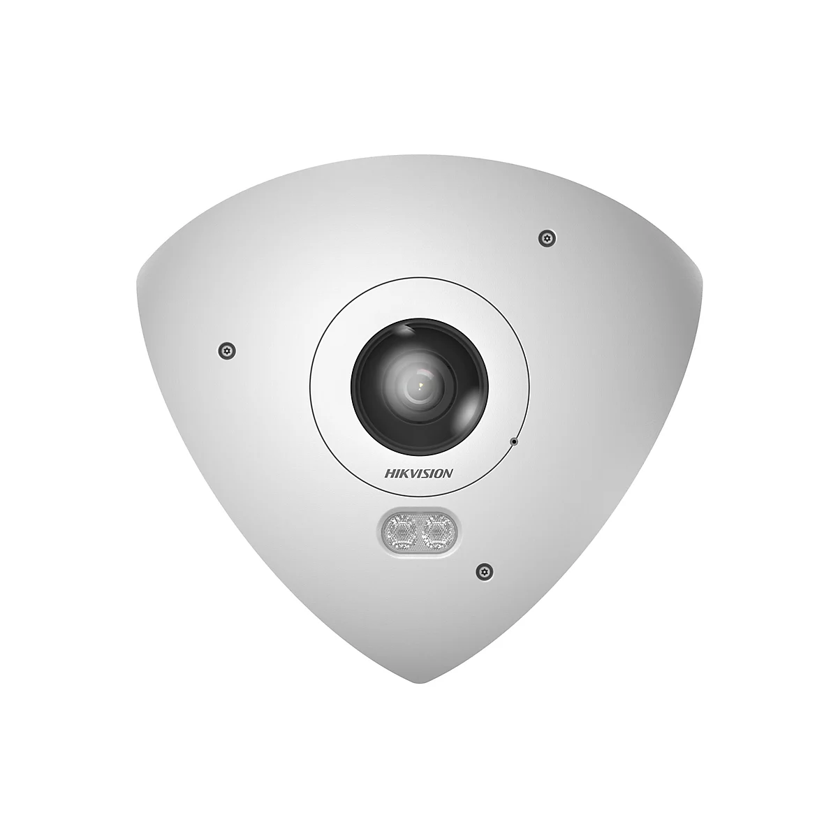Dreieckige Hikvision Überwachungskamera in Weiß mit zentralem Objektiv auf weißem Hintergrund.
