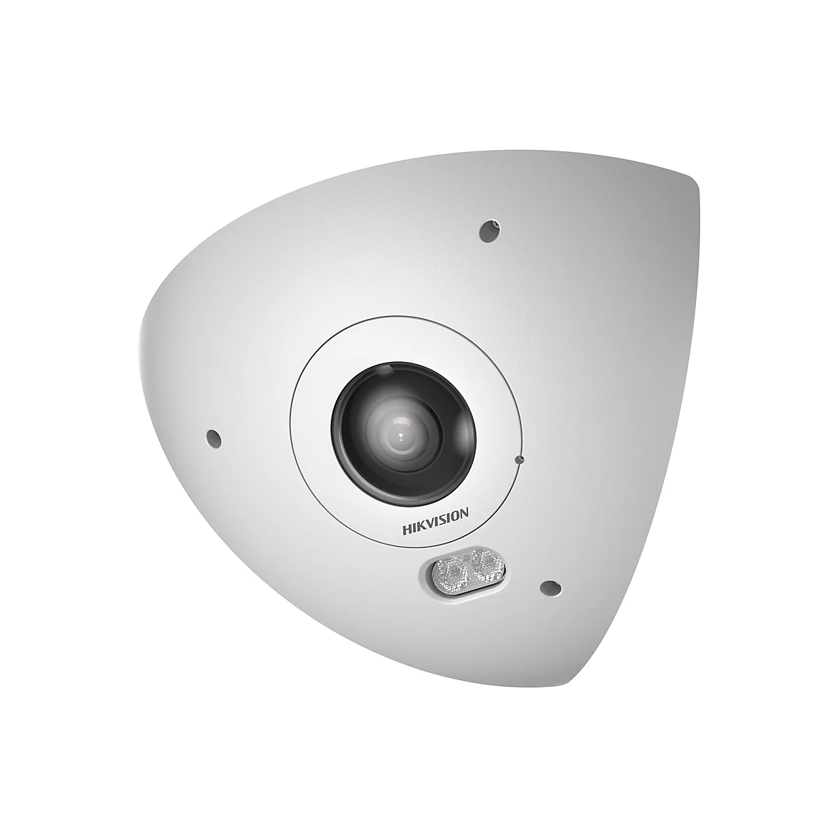 Weiße, dreieckige Überwachungskamera von Hikvision vor weißem Hintergrund.