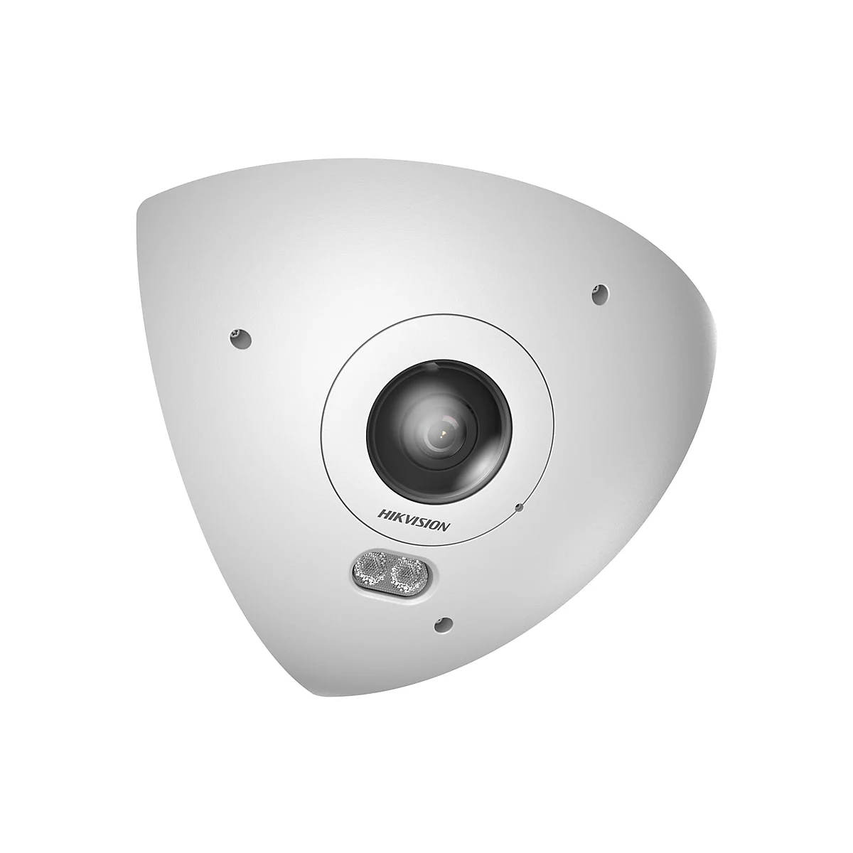 Weiße, dreieckige Überwachungskamera von Hikvision mit zentralem Objektiv auf weißem Hintergrund.