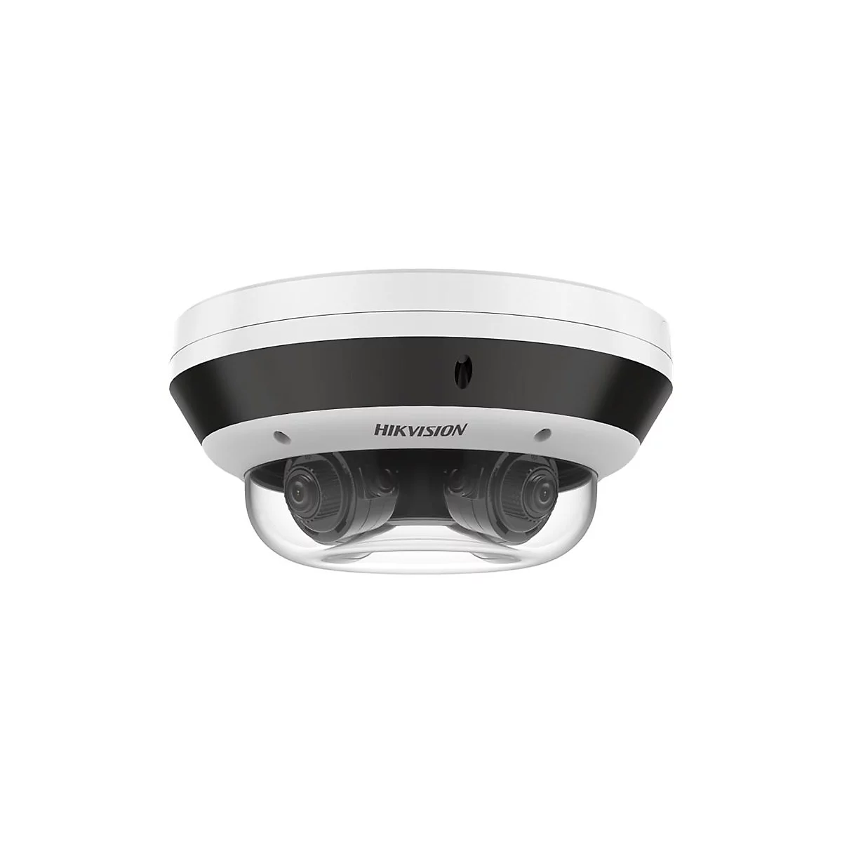 Weiße Hikvision Dome-Überwachungskamera mit zwei Objektiven unter einer transparenten Kuppel.