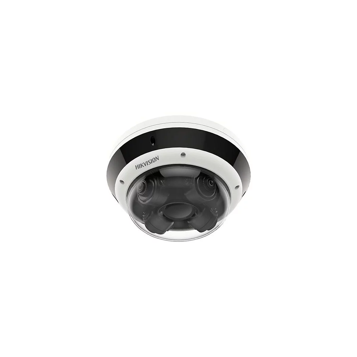 Weiße Hikvision Dome-Kamera mit mehreren Objektiven unter einer klaren Kuppel vor weißem Hintergrund.