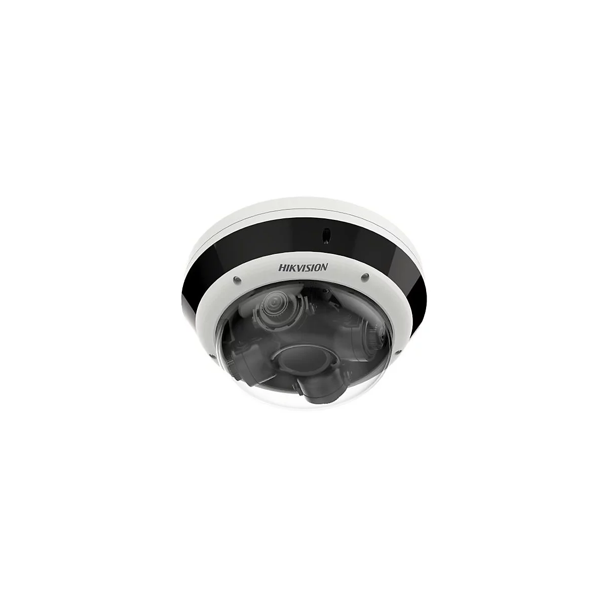 Weiße Hikvision Überwachungskamera als runde Dome-Kamera mit mehreren Objektiven unter einer transparenten Kuppel.