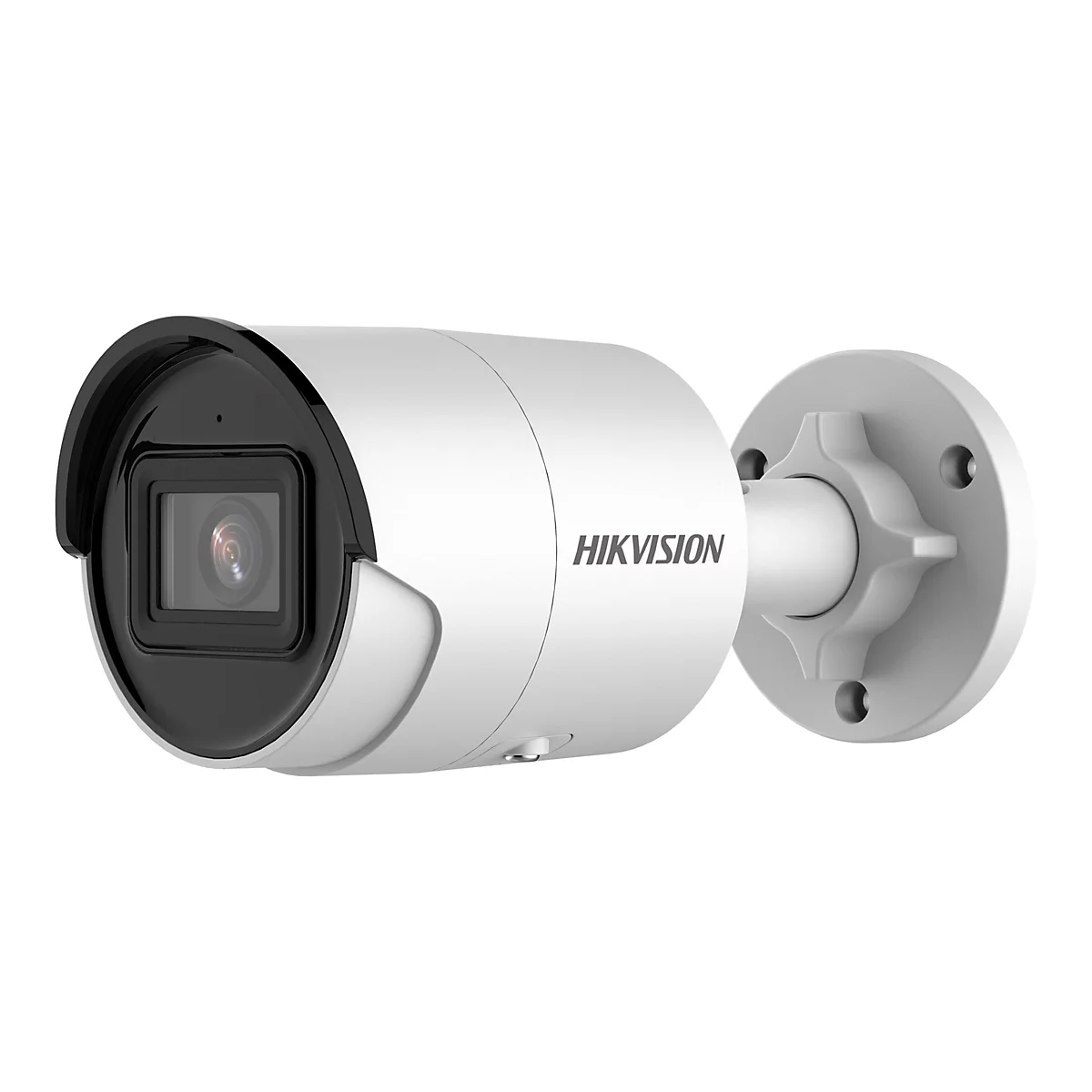 Weiße Hikvision Bullet-Überwachungskamera vor weißem Hintergrund.
