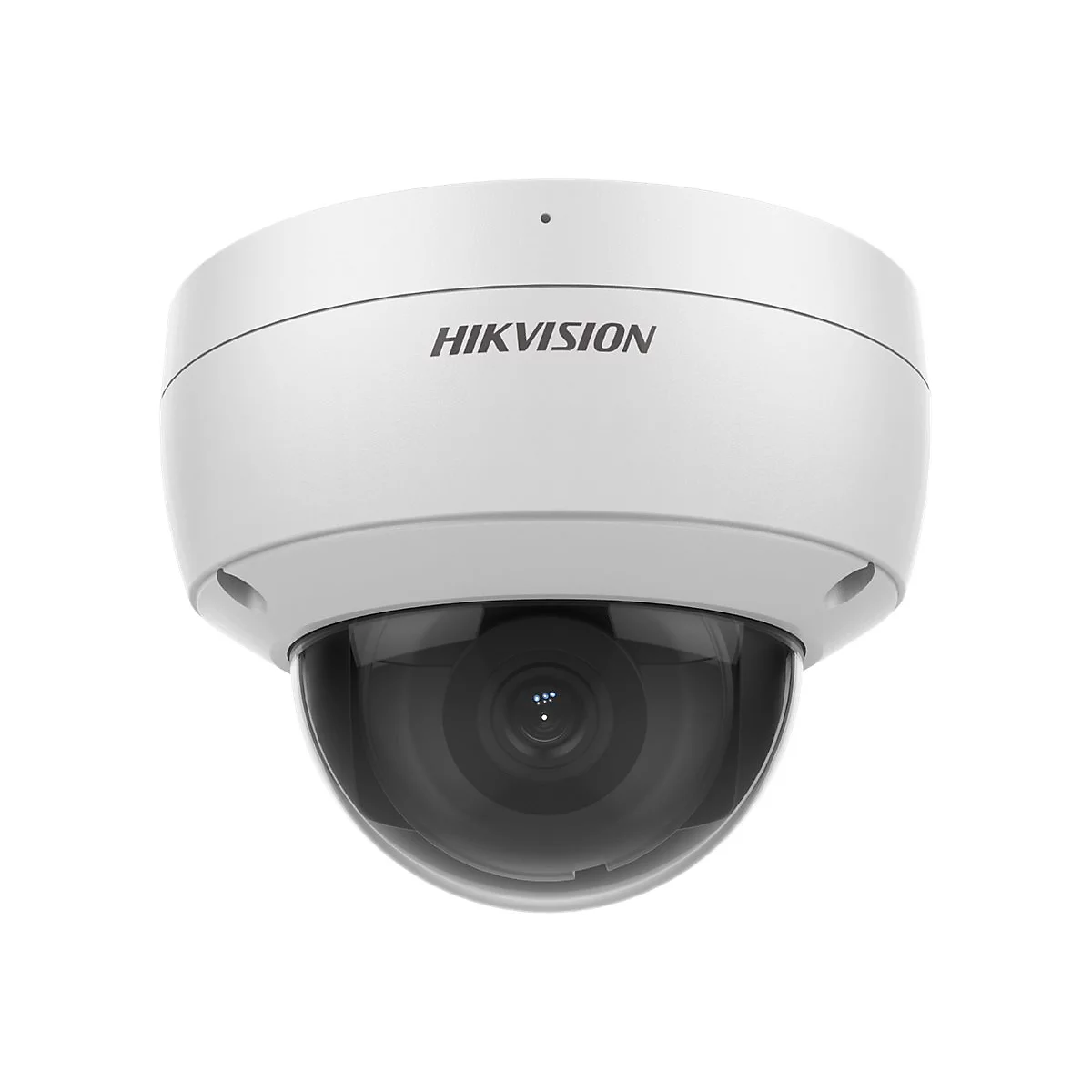 Weiße Hikvision Dome-Überwachungskamera vor neutralem Hintergrund.