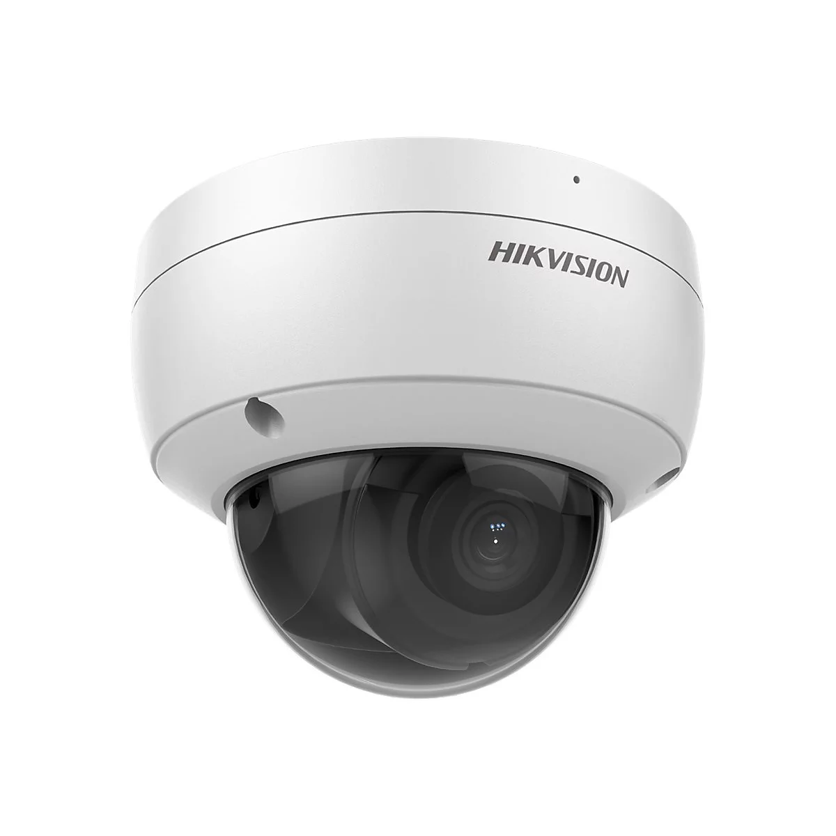 Weiße Hikvision Dome-Überwachungskamera mit schwarzer Kuppel vor neutralem Hintergrund.