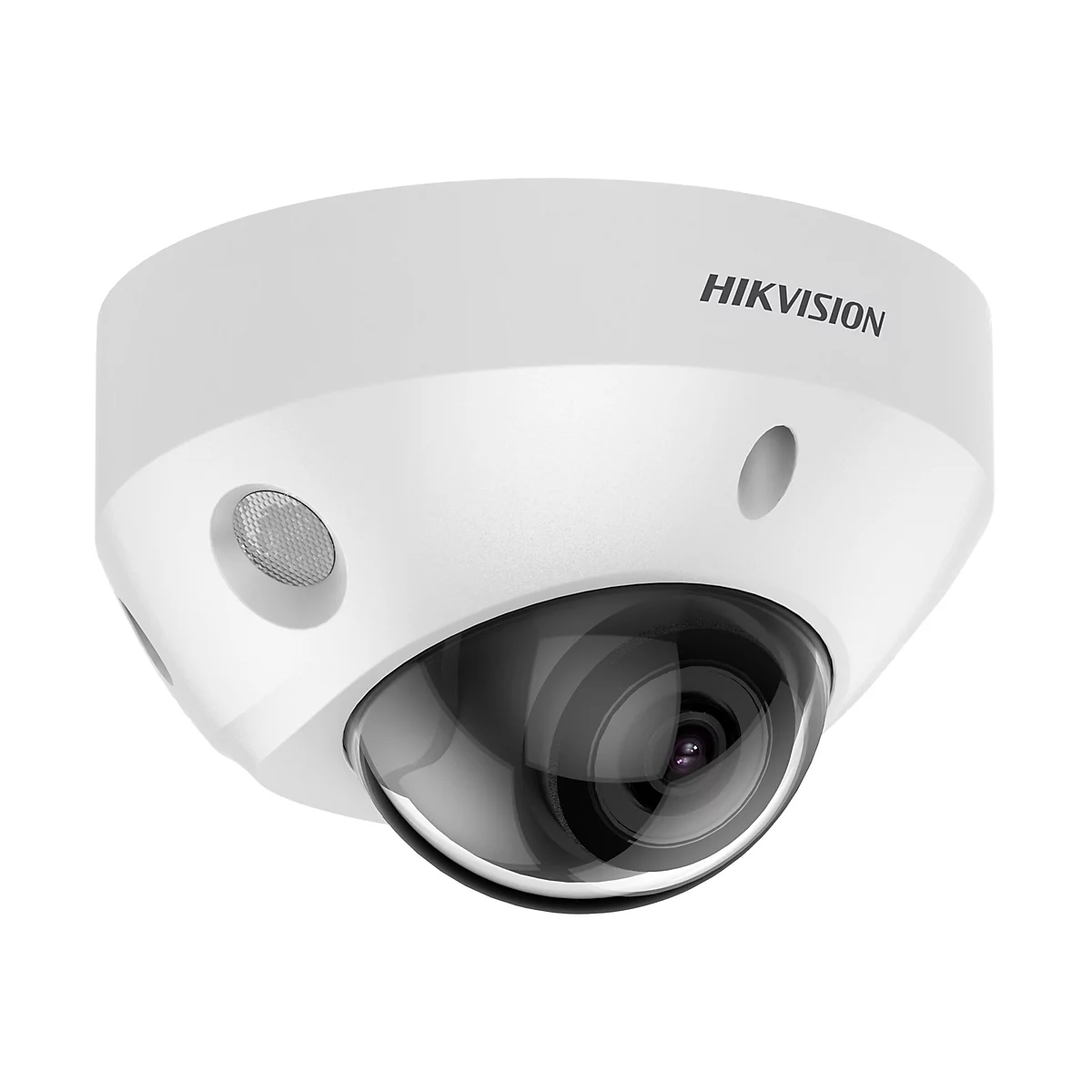Weiße Hikvision Dome-Überwachungskamera vor neutralem Hintergrund.