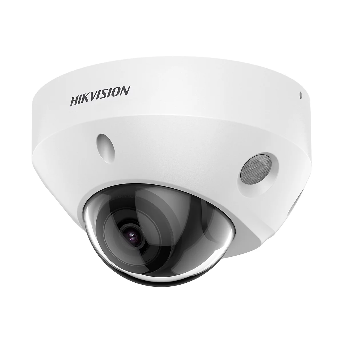 Weiße Hikvision Kuppel-Überwachungskamera vor weißem Hintergrund.