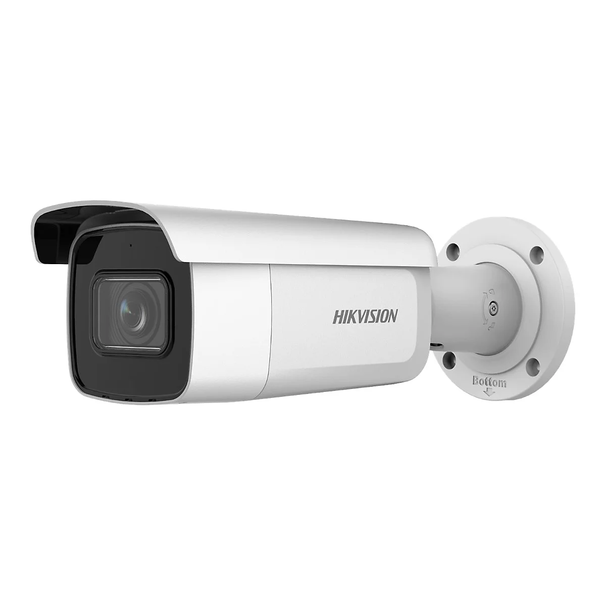 Weiße Hikvision Bullet-Überwachungskamera mit schwarzer Front und Wandhalterung vor weißem Hintergrund.