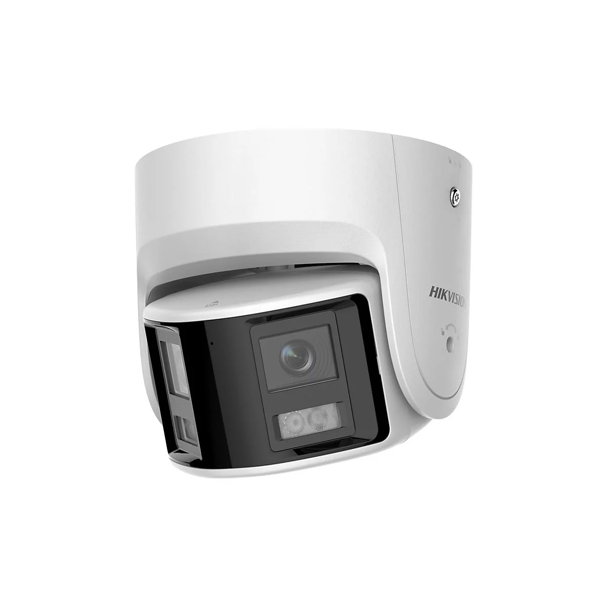 Weiße Hikvision Überwachungskamera mit schwarzer Linsenfront vor weißem Hintergrund.