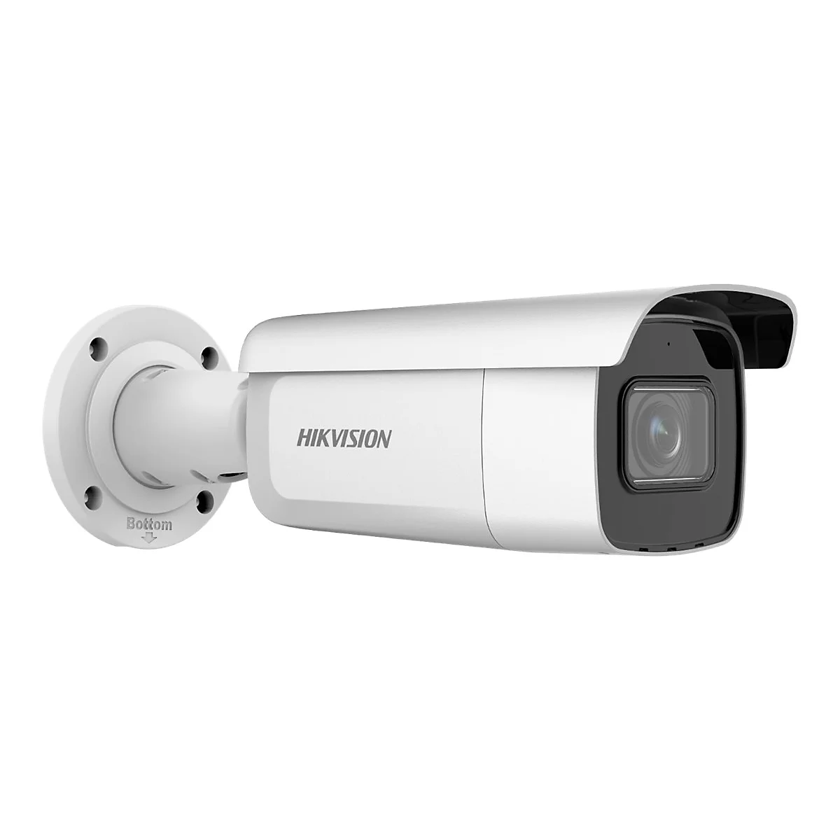 Weiße Hikvision Bullet-Überwachungskamera vor weißem Hintergrund.