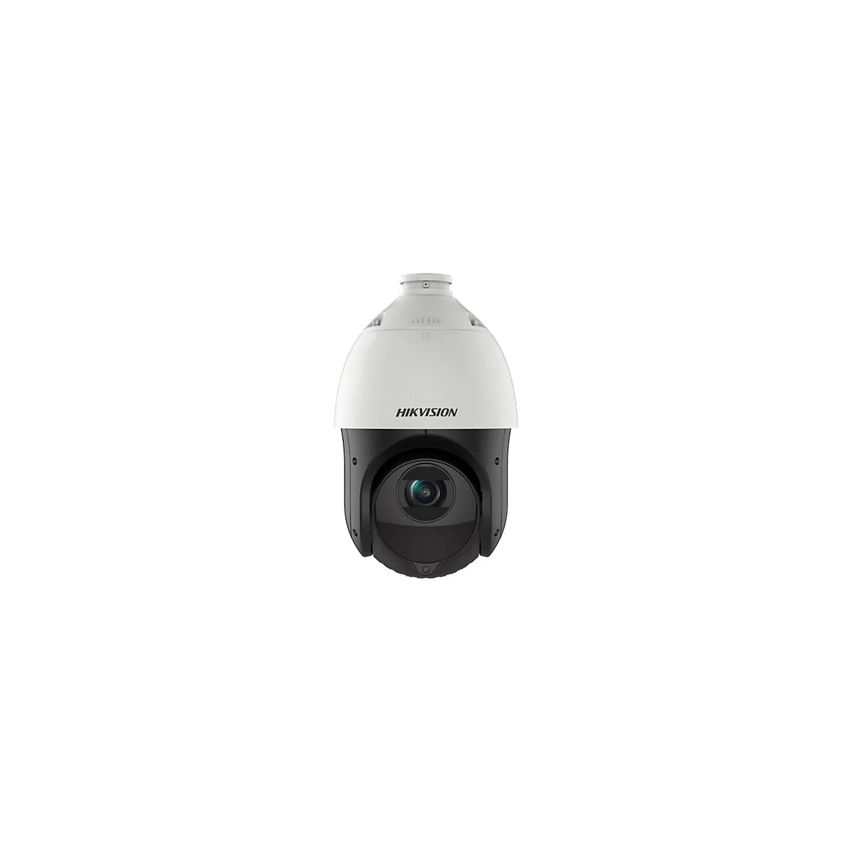 Weiße Hikvision PTZ-Überwachungskamera mit schwarzem Kamerakopf vor weißem Hintergrund.
