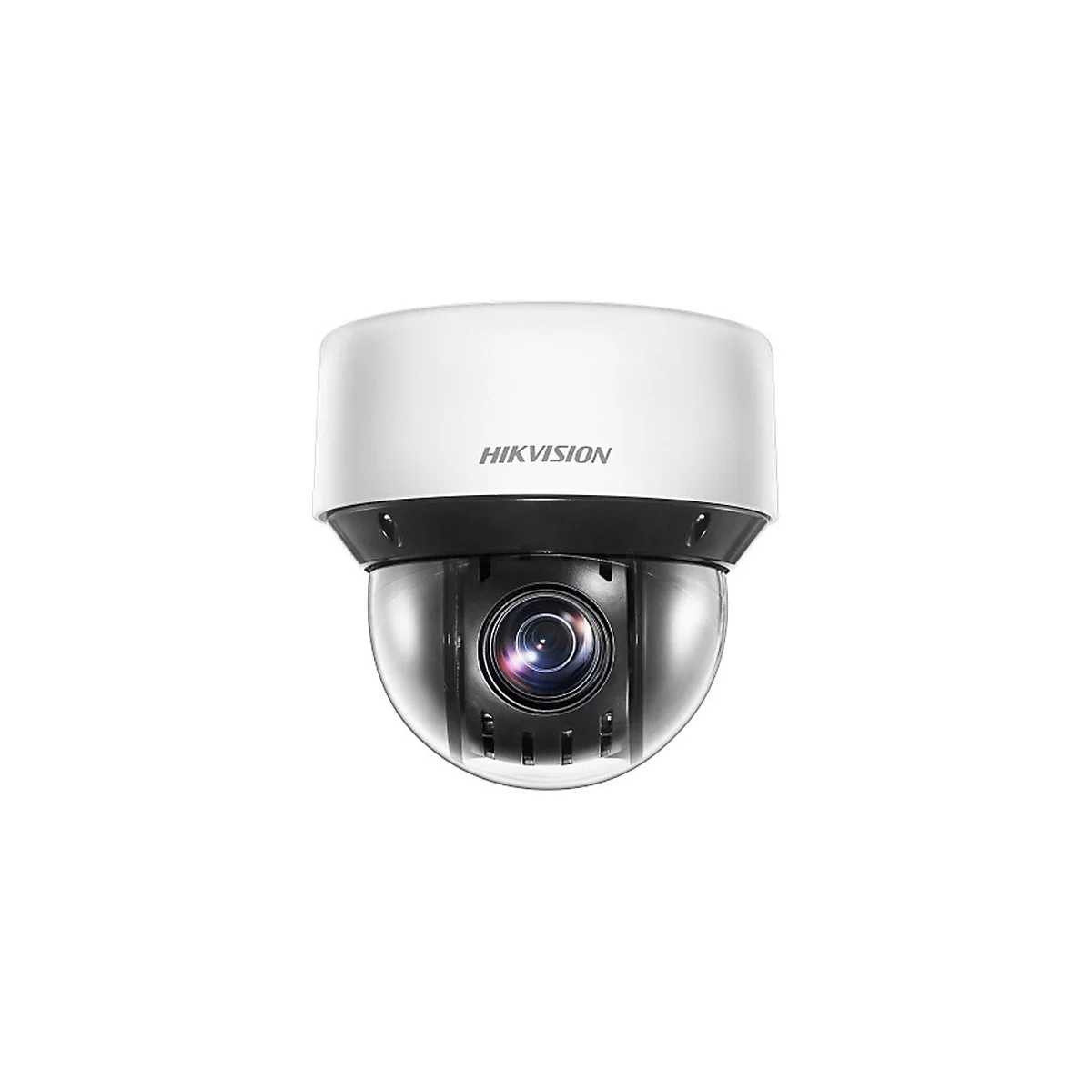 Weiße Hikvision Dome-Überwachungskamera vor weißem Hintergrund.