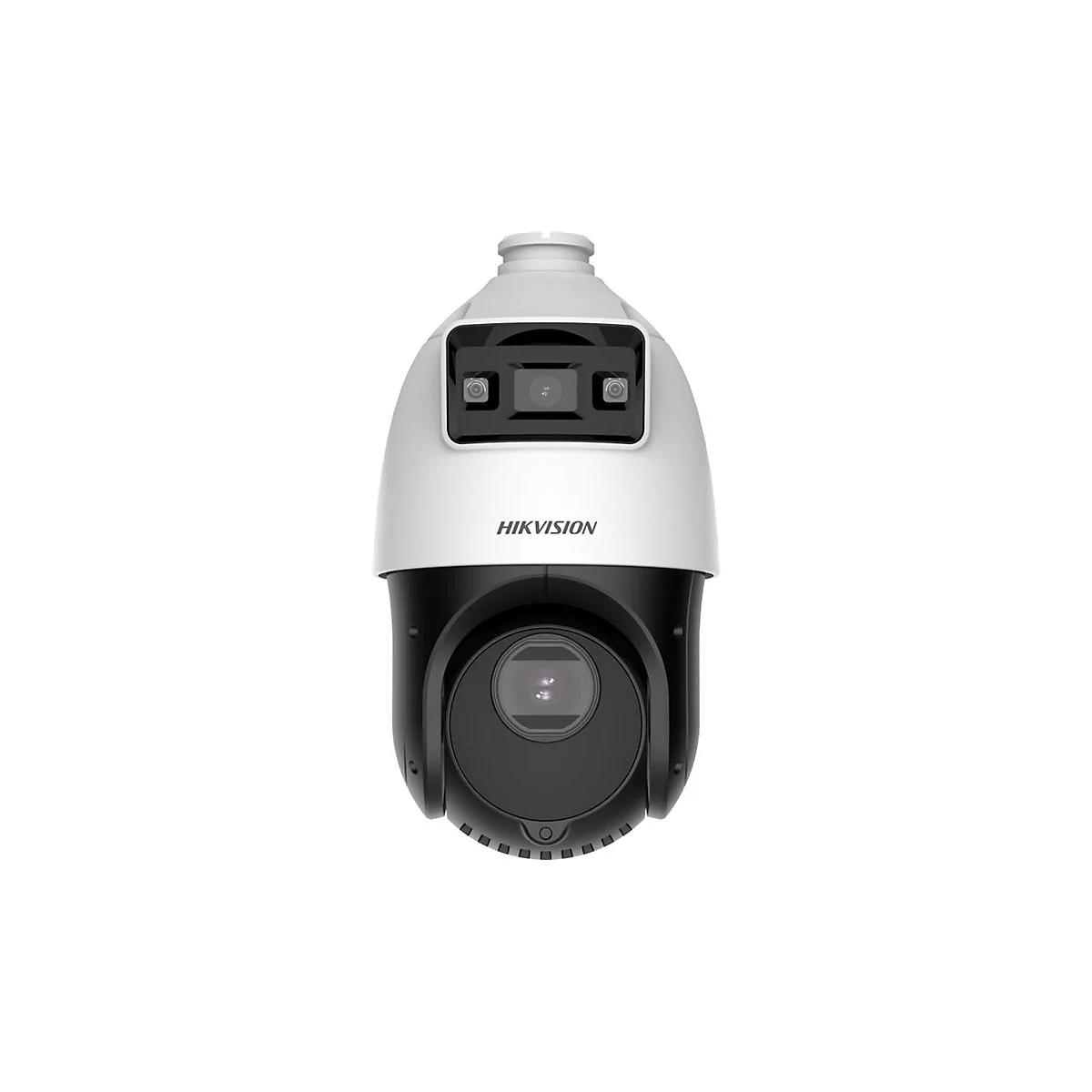 Hikvision Überwachungskamera mit weißem Gehäuse oben und schwarzem drehbarem Objektivbereich unten.