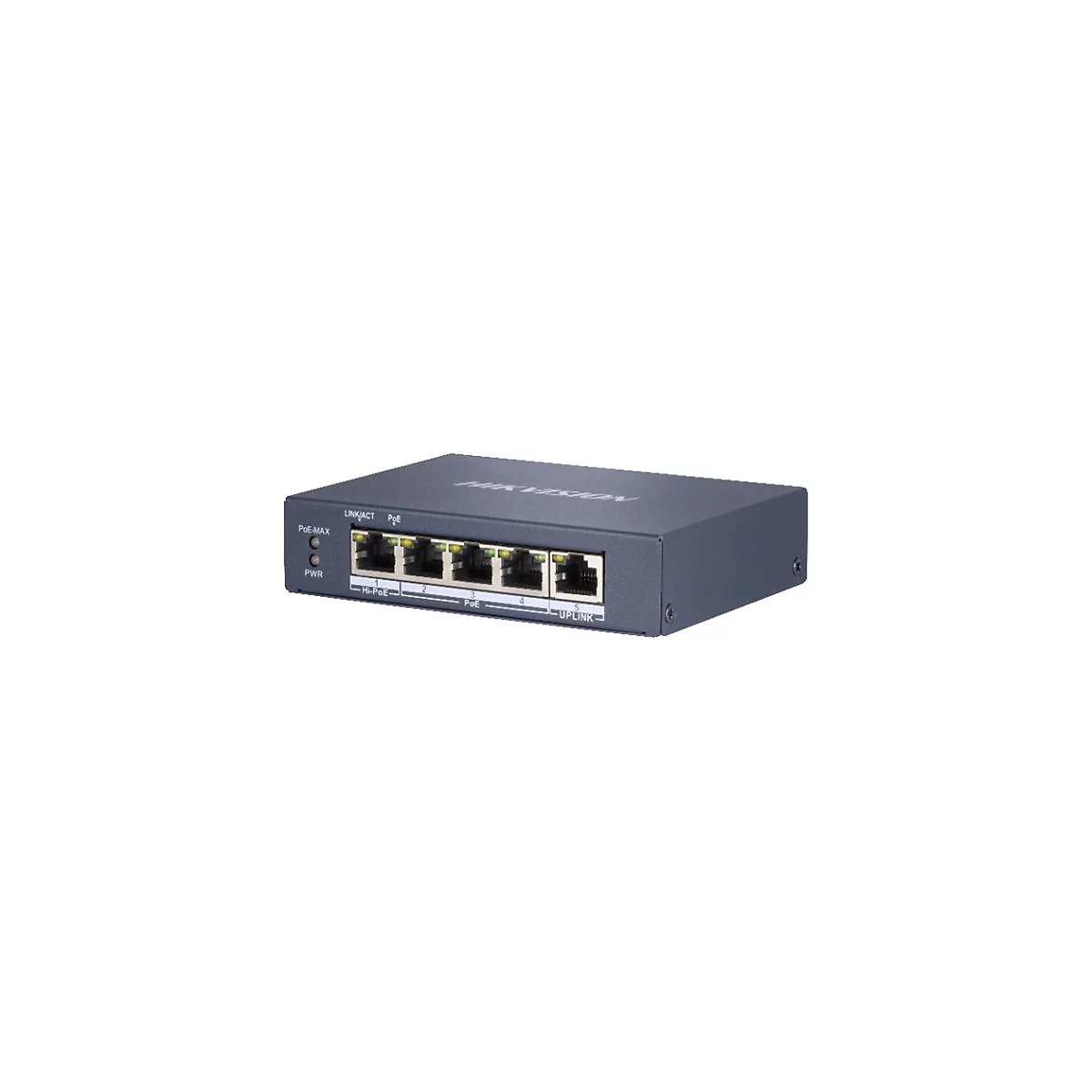 Ein dunkelgrauer Netzwerk-Switch mit mehreren Ethernet-AnschlÃ¼ssen. Die Bezeichnung Hikvision ist zu sehen.