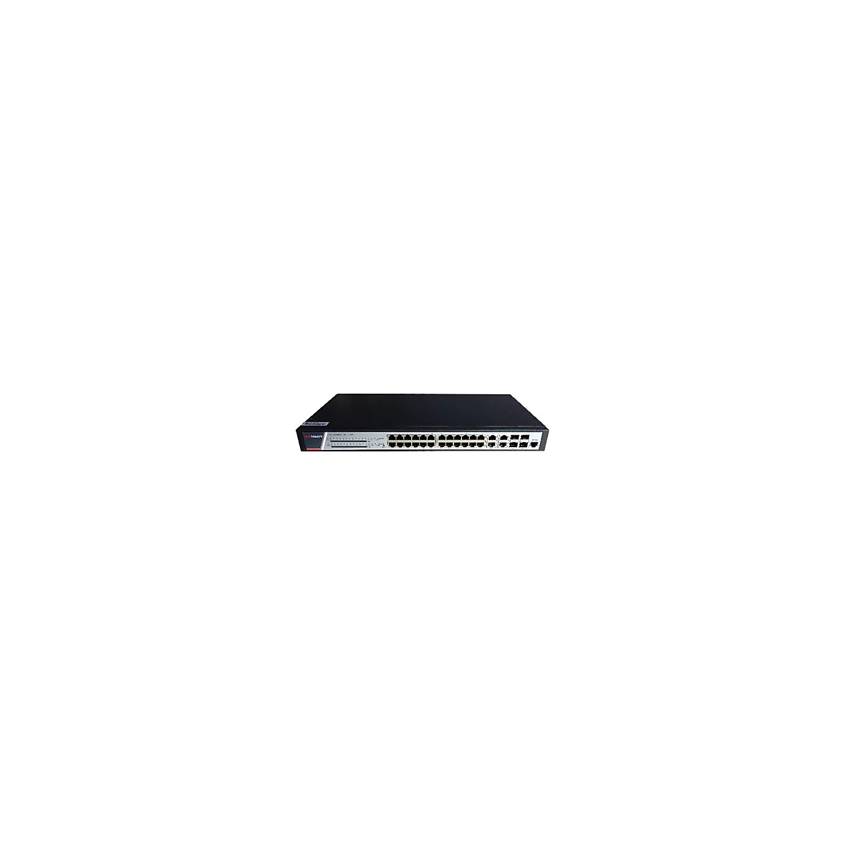 Schwarzer Hikvision Netzwerk-Switch mit silberner Frontseite, vielen Ports und Status-LEDs auf weißem Grund.