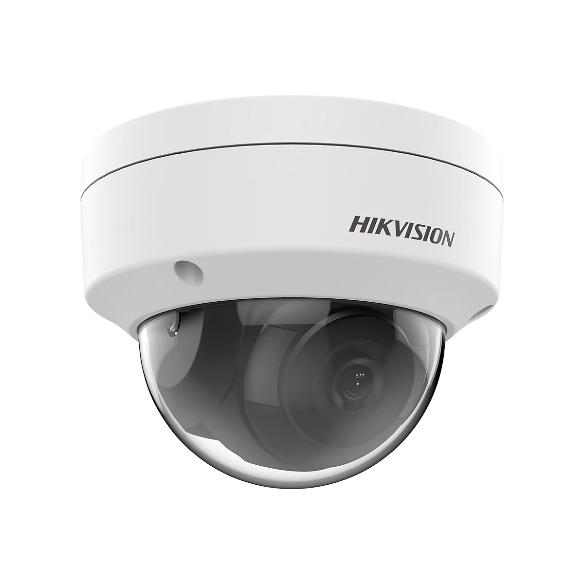 Weiße Hikvision Dome-Überwachungskamera vor weißem Hintergrund.
