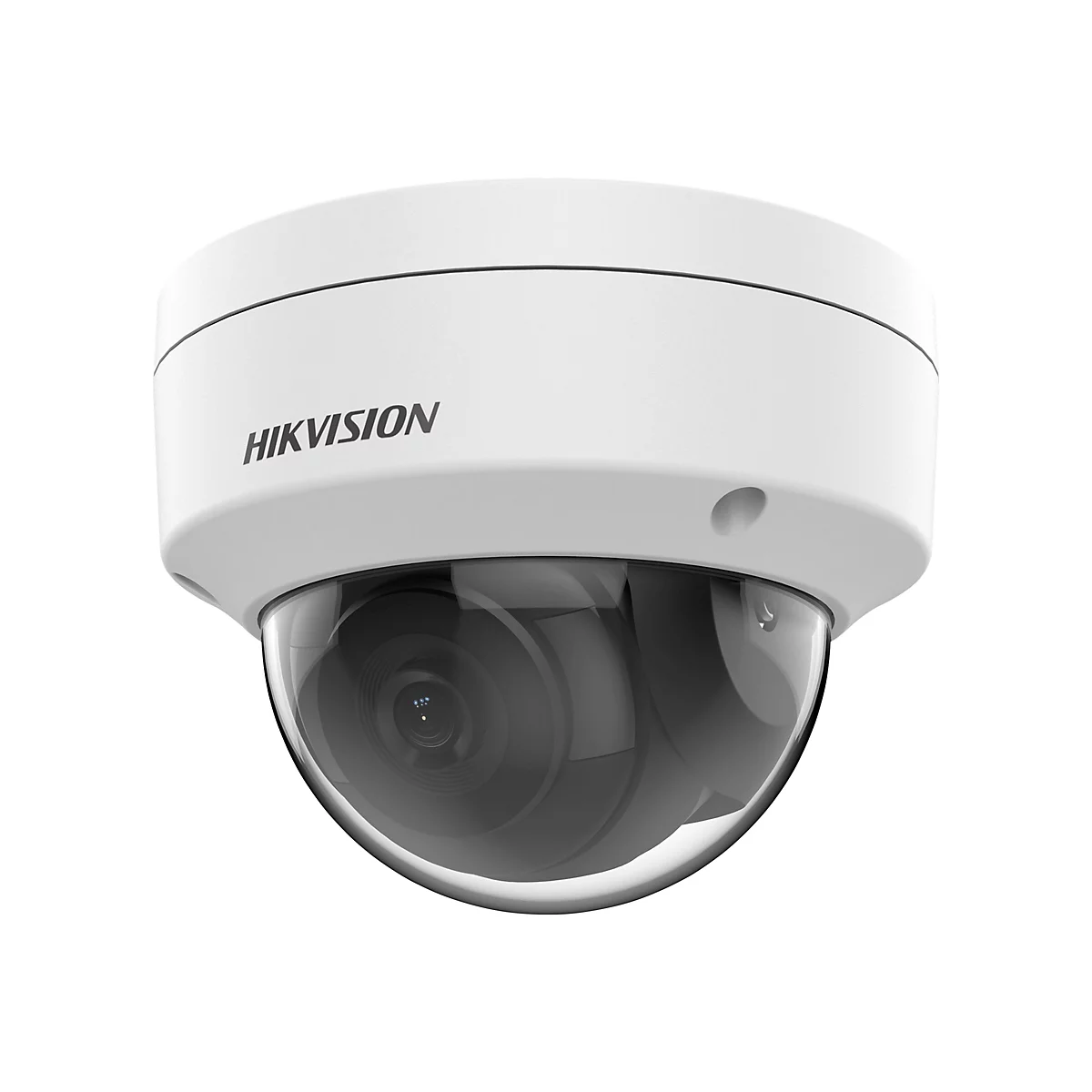 Weiße Hikvision Dome-Überwachungskamera vor weißem Hintergrund.