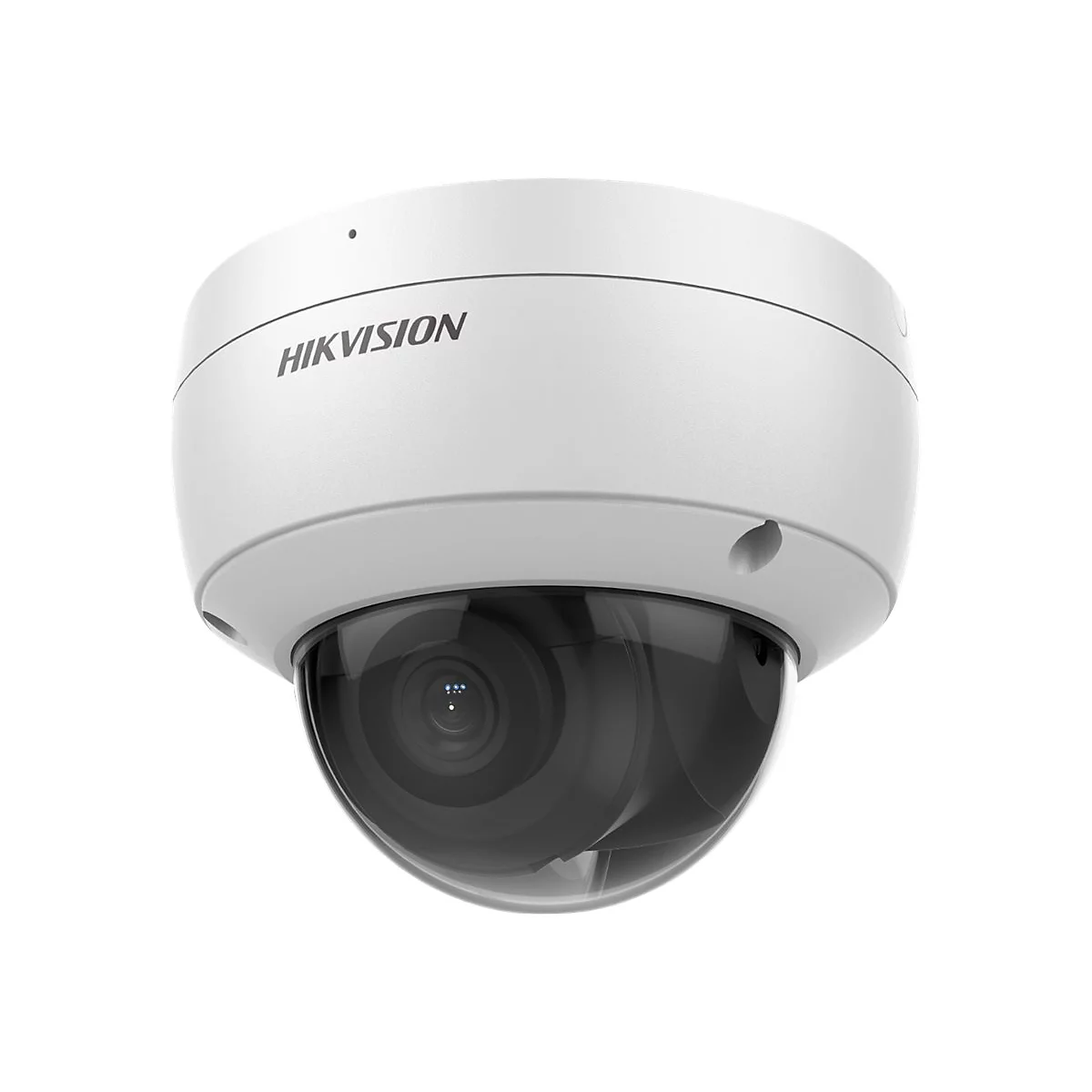Weiße Hikvision Dome-Überwachungskamera vor weißem Hintergrund.