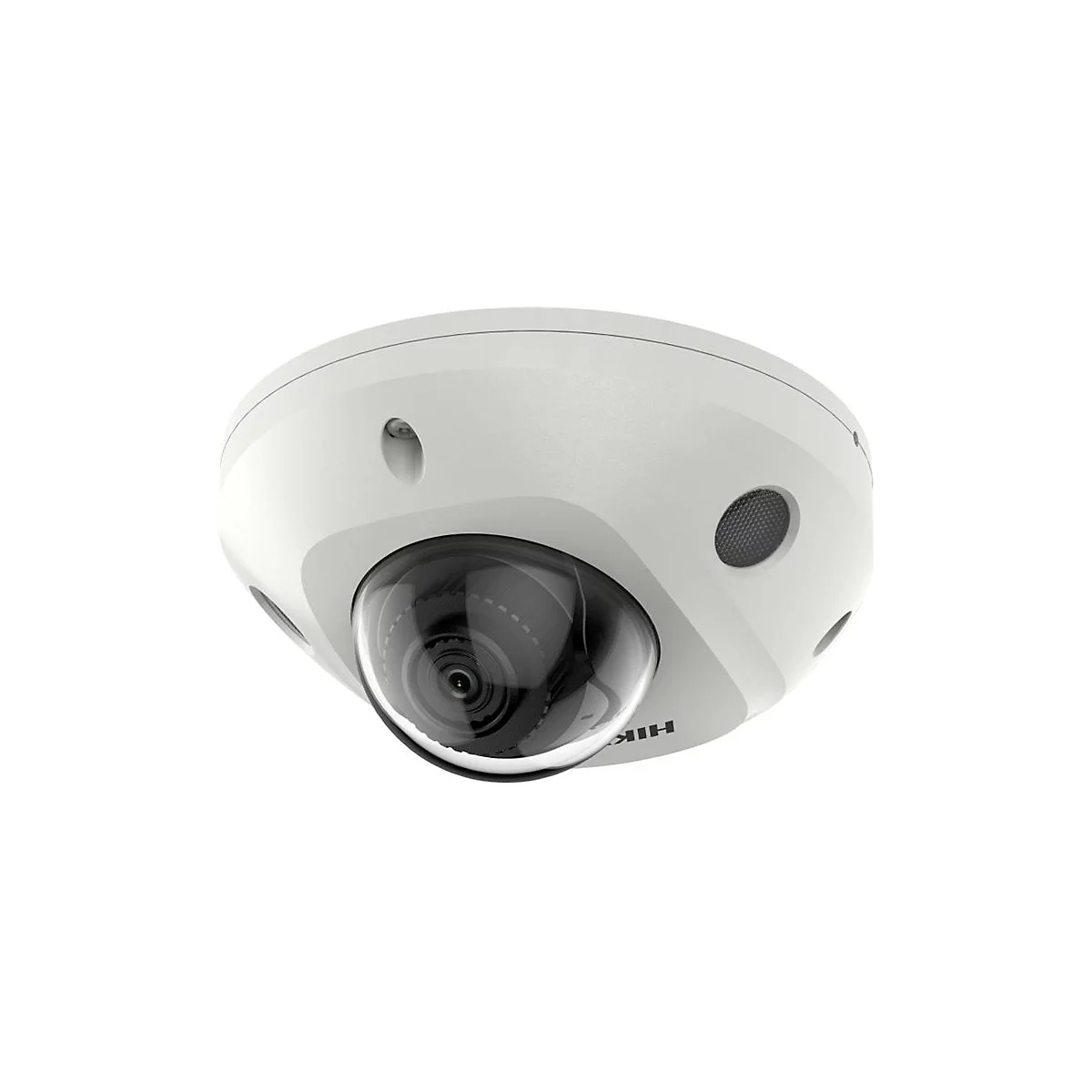 Weiße Fisheye-Überwachungskamera von Hikvision mit gewölbter Glaskuppel vor weißem Hintergrund.