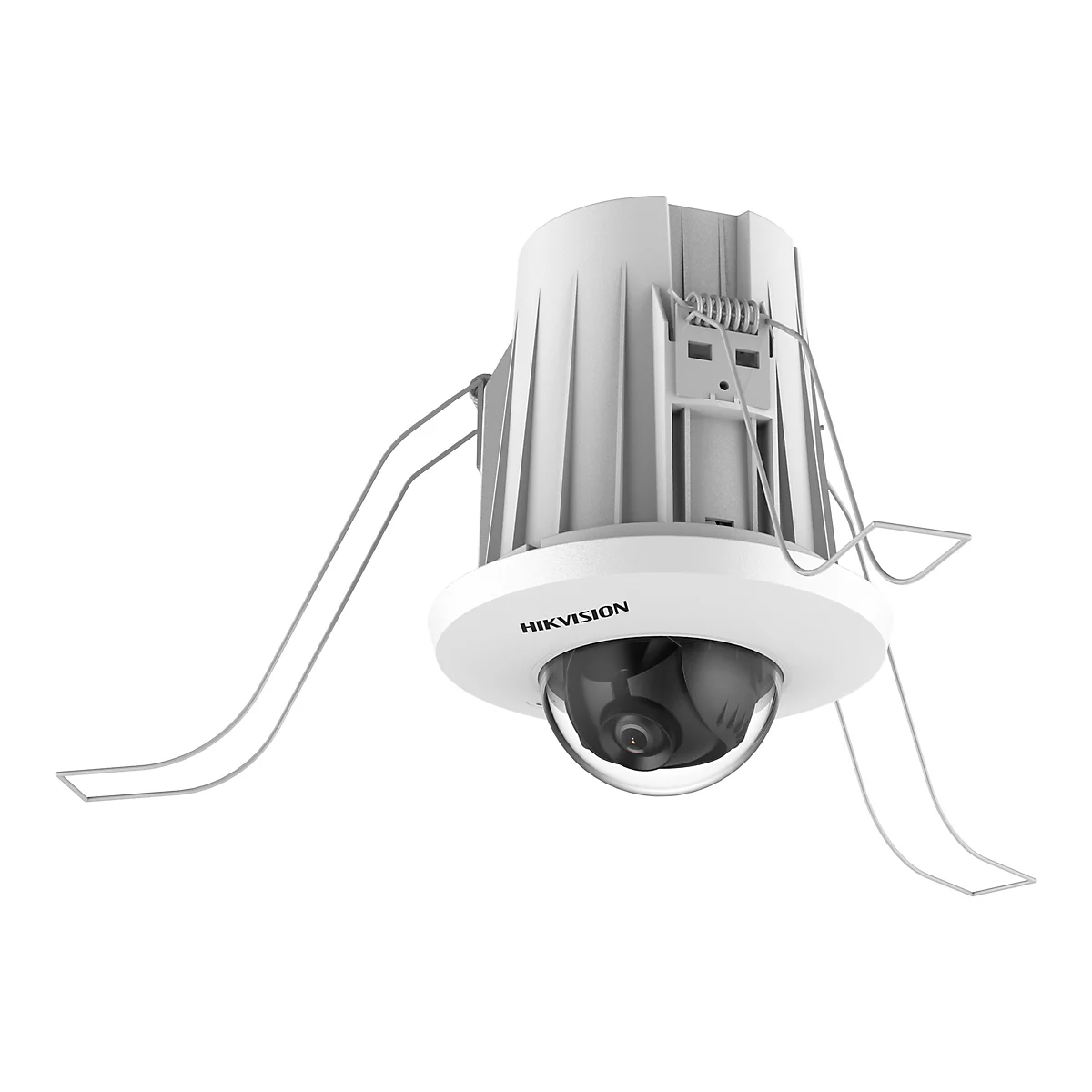 Eine weiÃŸe Kuppelkamera mit dem Schriftzug 'HIKVISION'. Die Kamera hat graue Halterungen und ist an der Decke montiert.