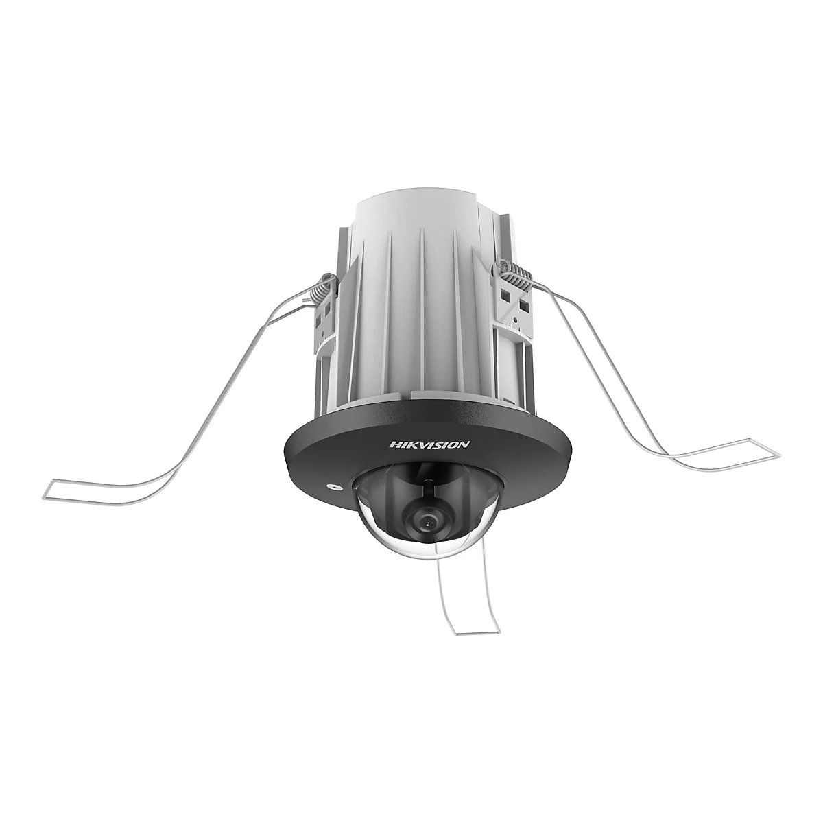 Weiße Hikvision-Dome-Kamera für Deckeneinbau mit Metallklemmen vor weißem Hintergrund.
