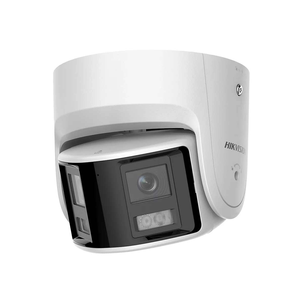 Weiße Hikvision Überwachungskamera mit schwarzem Objektivbereich auf weißem Hintergrund.