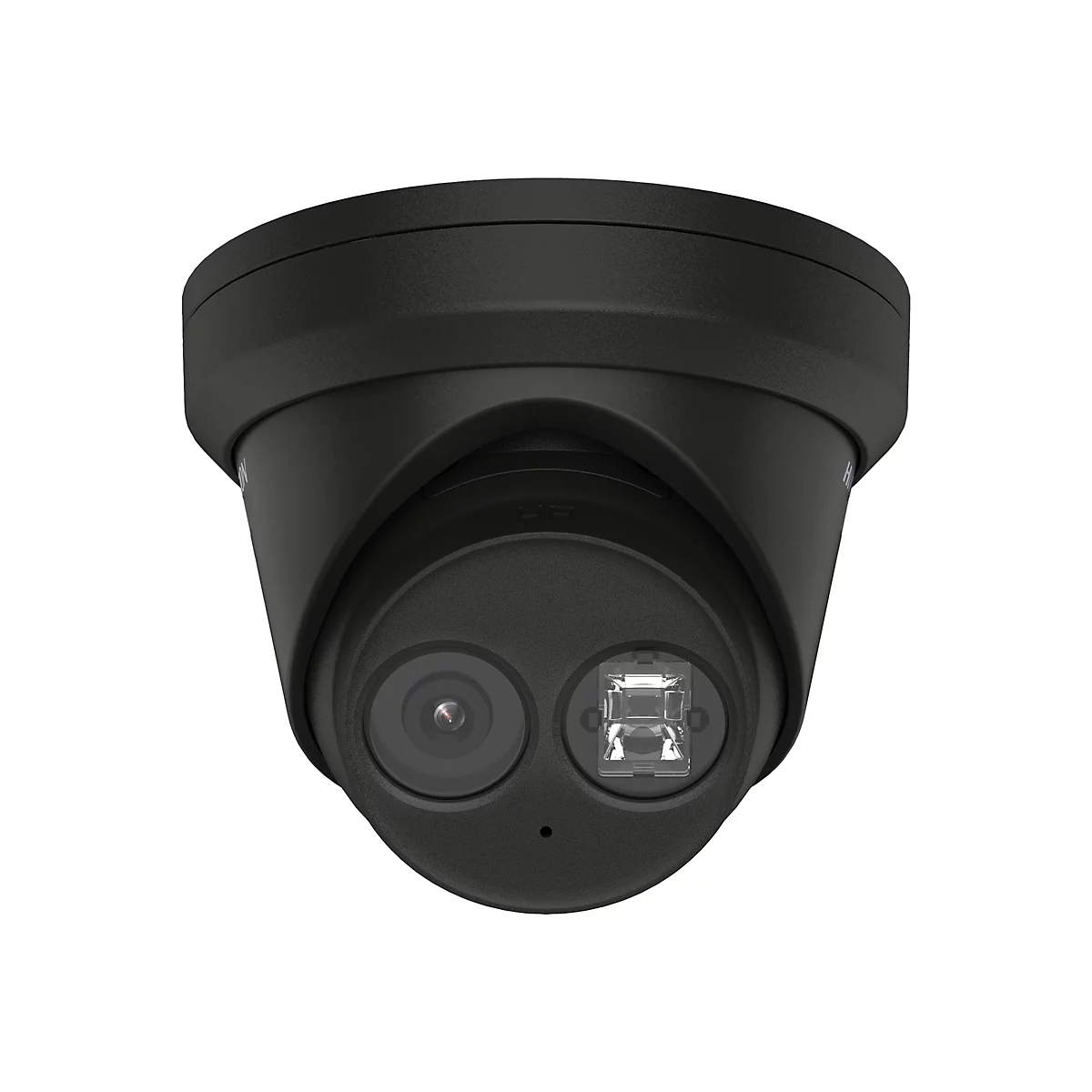 Schwarze Überwachungskamera im Turret-Design vor weißem Hintergrund mit Linse und LED-Licht.