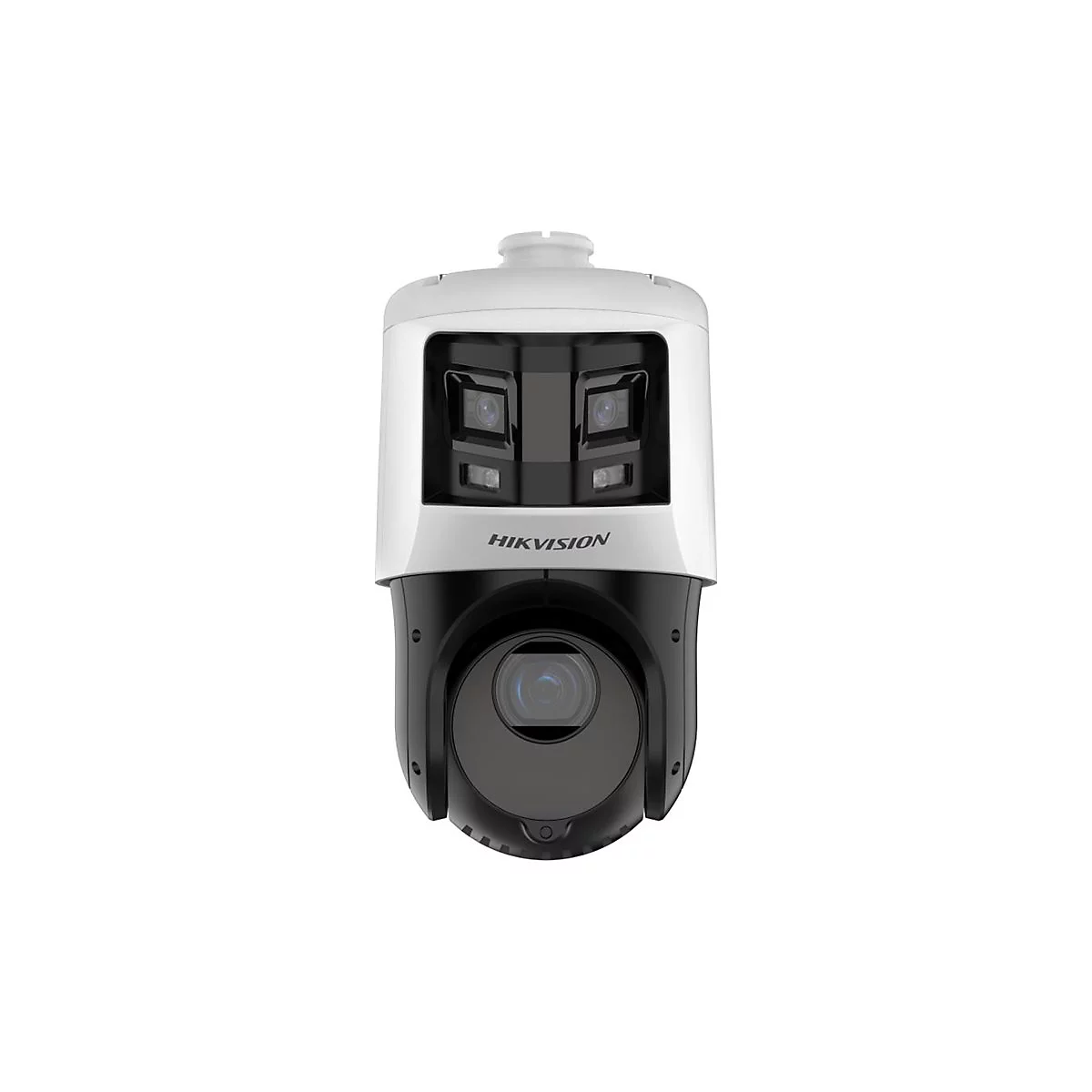 Weiße und schwarze Hikvision Überwachungskamera vor weißem Hintergrund.