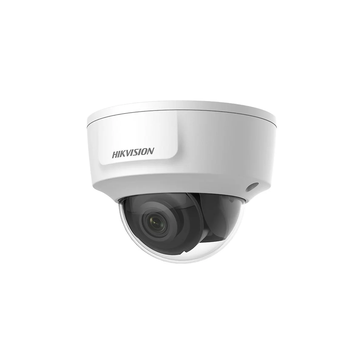 Weiße Hikvision Überwachungskamera als Kuppelmodell vor weißem Hintergrund.