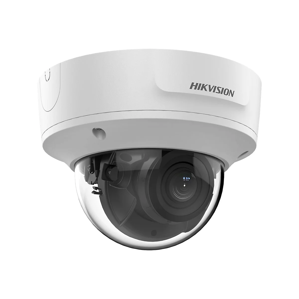 Weiße Hikvision Kuppelkamera für Deckenmontage vor weißem Hintergrund.
