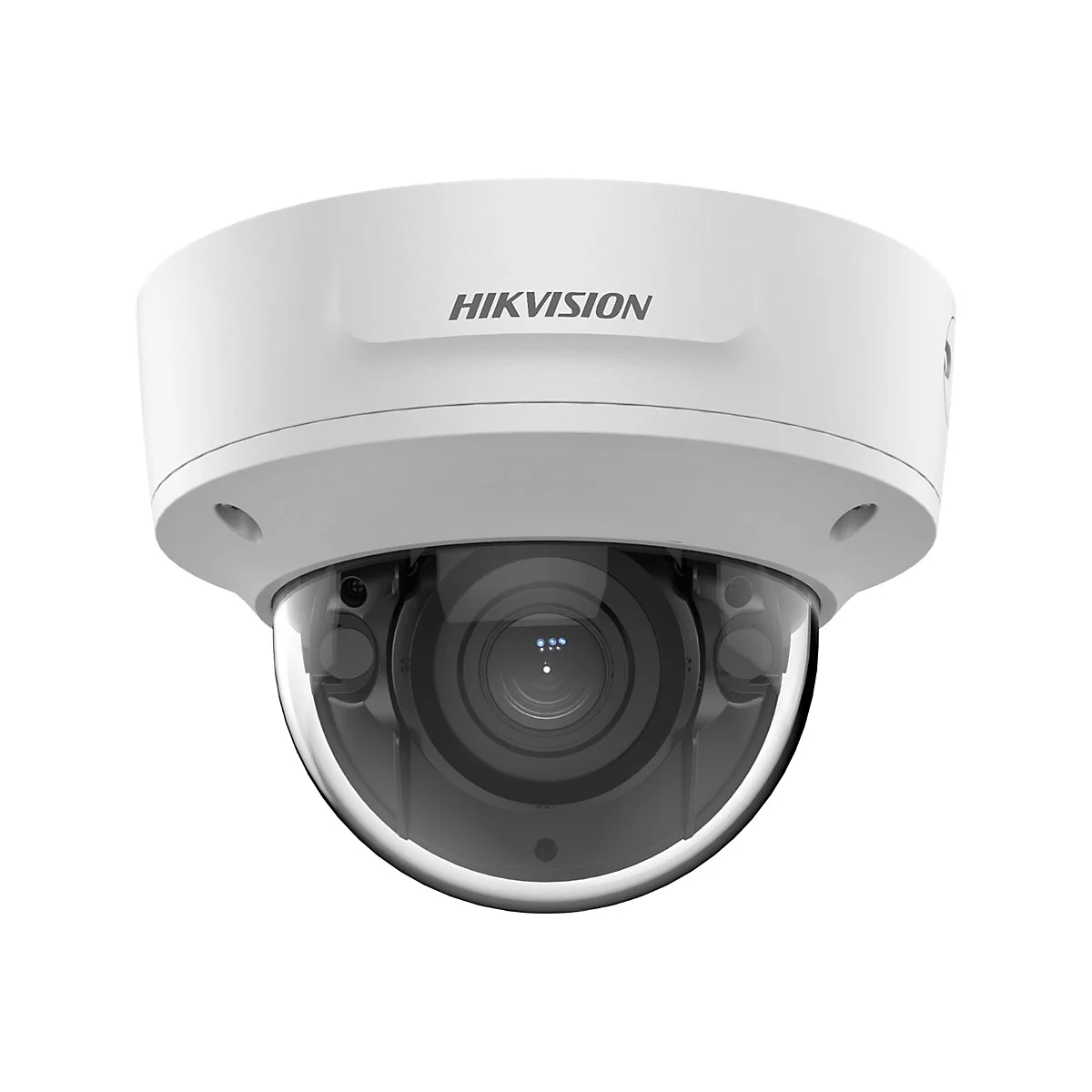 Weiße Hikvision Dome-Überwachungskamera vor weißem Hintergrund.