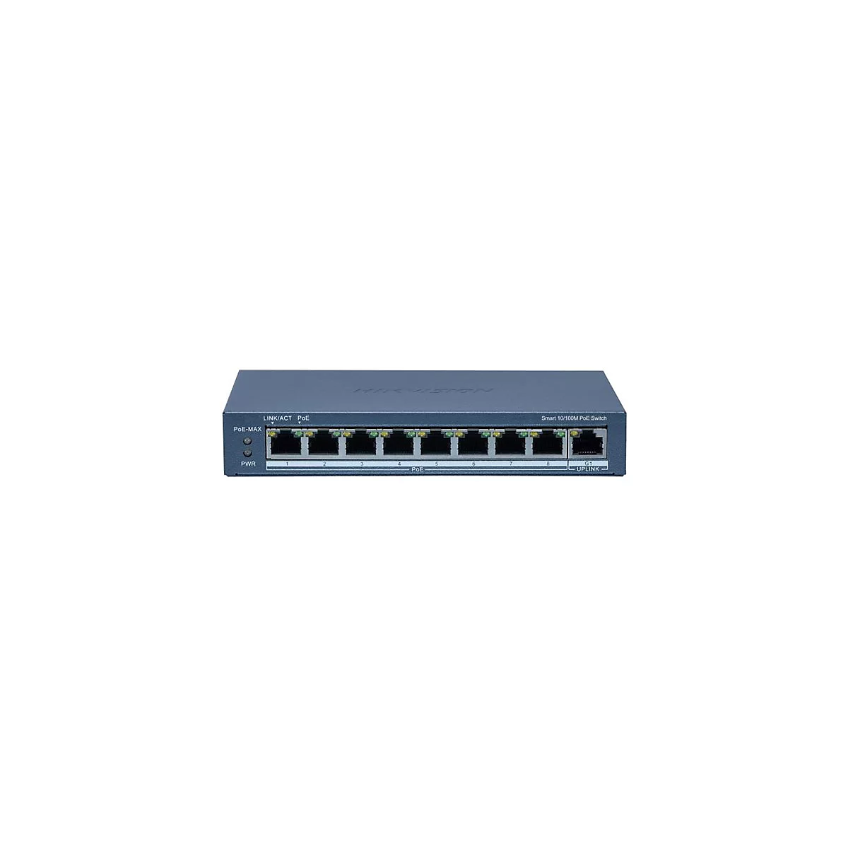 HIKVISION Smart 10/100M PoE Switch mit acht PoE-Ports und einem Uplink-Port auf weißem Hintergrund.