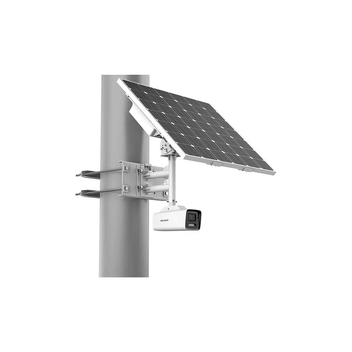 Überwachungskamera mit Solarpanel an einem Mast montiert.